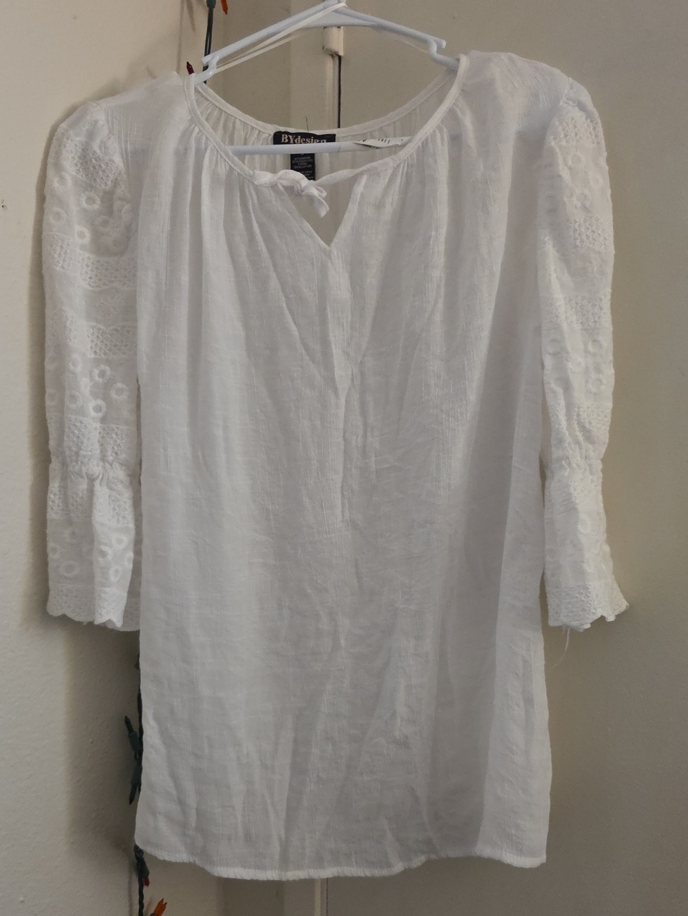 BY dedign White Guazy Style Embroidered Peasant Top - Lightweight Women’s Blouse